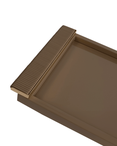 Laquered tray with leather wrapped handles in Taupe