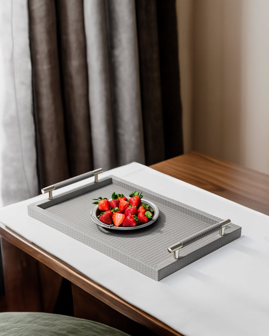 Light Grey Rectangular tray With Satin Gold Handles - Maison SIA