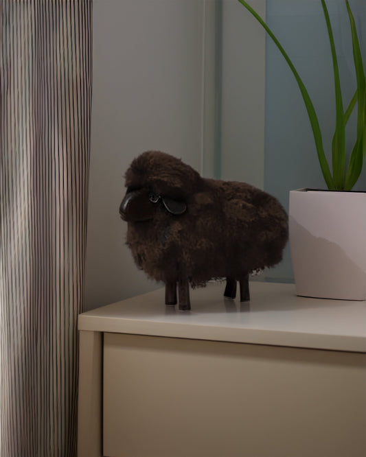 Miniature Elegance: Brown Fur Sheep in Black Wood - Maison SIA