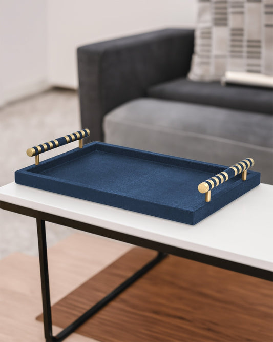 Navy Blue Rectangular tray With Chrome Brass Handles - Maison SIA