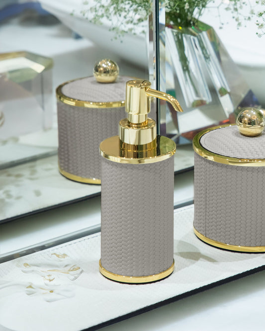 Olimpia round soap dispenser shiny brass in Light grey - Maison SIA